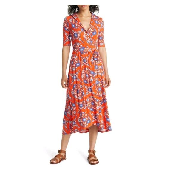 Boden Lavinia Jersey True Wrap Dress Red-Orange Papaya Wildflower Print Size 16 - Picture 2 of 13